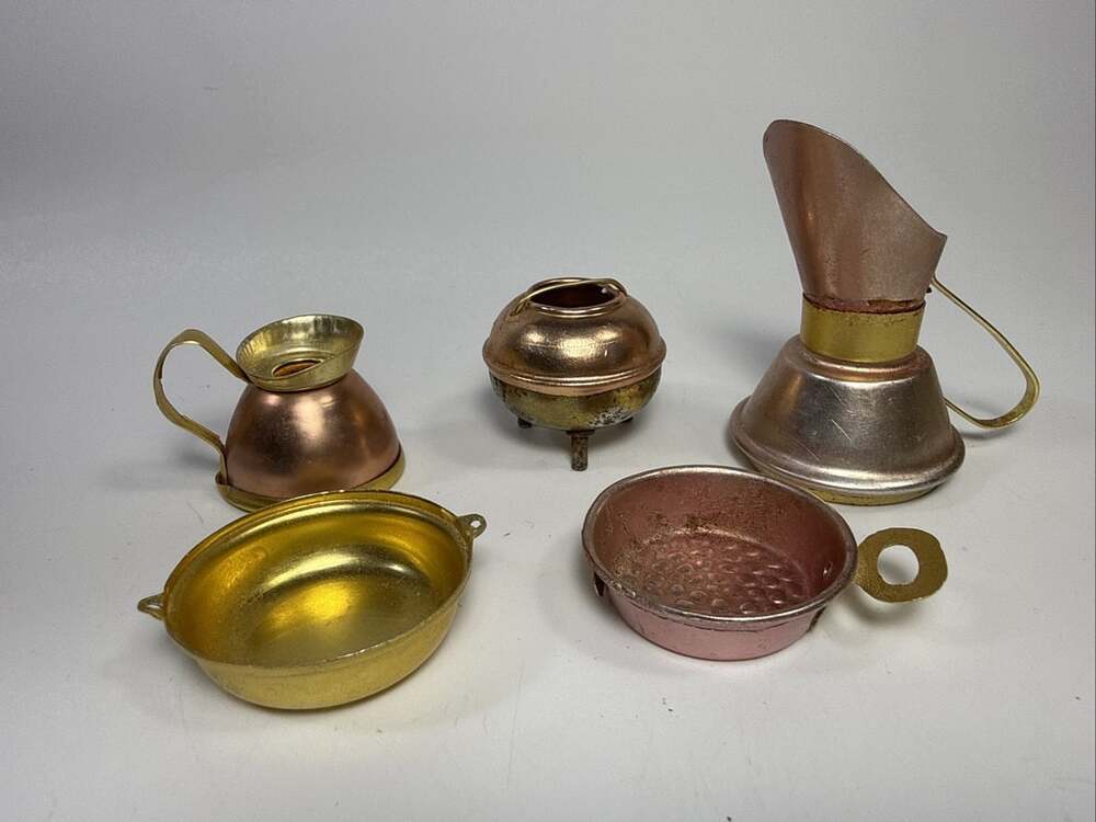 Mtg Mini Copper Brass Kitchen Set Dollhouse Pots Pans Coffee Pot Lot Decor H2